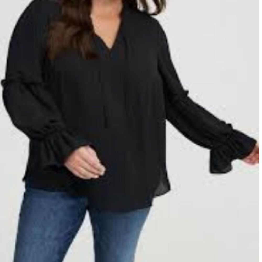 Eloquii black long-sleeve blouse featuring a split v-neckline size 14